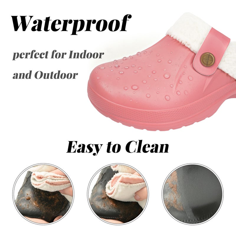 ChayChax Women and Men Fur Lined Clogs Memory Foam Warm Fuzzy Slippers Winter Waterproof Indoor Outdoor Slipper, Pink, 8.5-9 Women/7.5-8 Men - Image 3